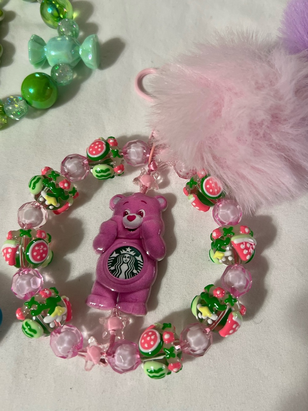 Starbucks Pink & Green Bear Charm Keychain with Fluffy Pom